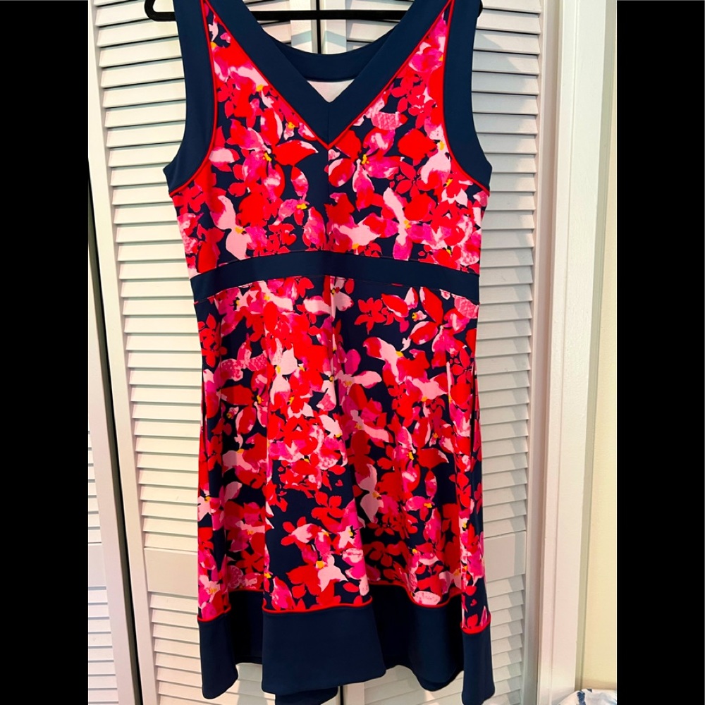 Lands End Size 16 W A-Line Floral Dress with A Navy Border
